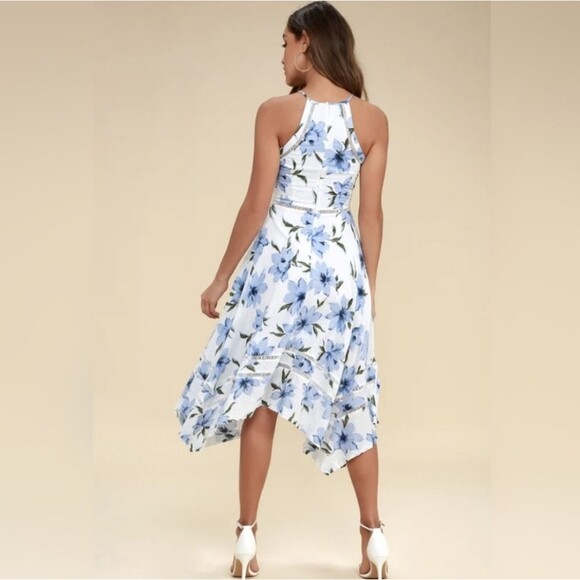Lulus Zahara Blue White Floral Print Midi Dress S Small 100% Cotton halter apron - Picture 2 of 8